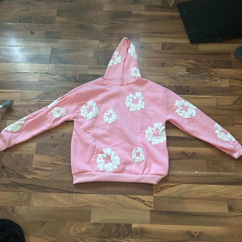 Pink Hoodie with White Floral Design